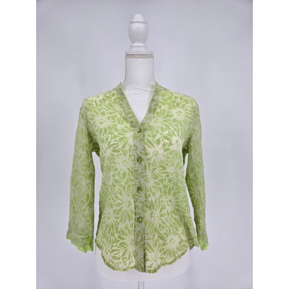 First Issue Liz Claiborne Green Floral Crinkle Button Up Blouse 3/4 Sleeve